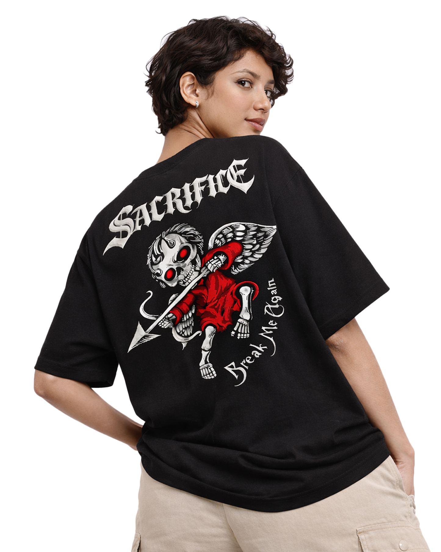 Gothic Sacrifice Black Oversized T Shirt for Women | Skull Graphic Oversized Streetwear T-Shirt