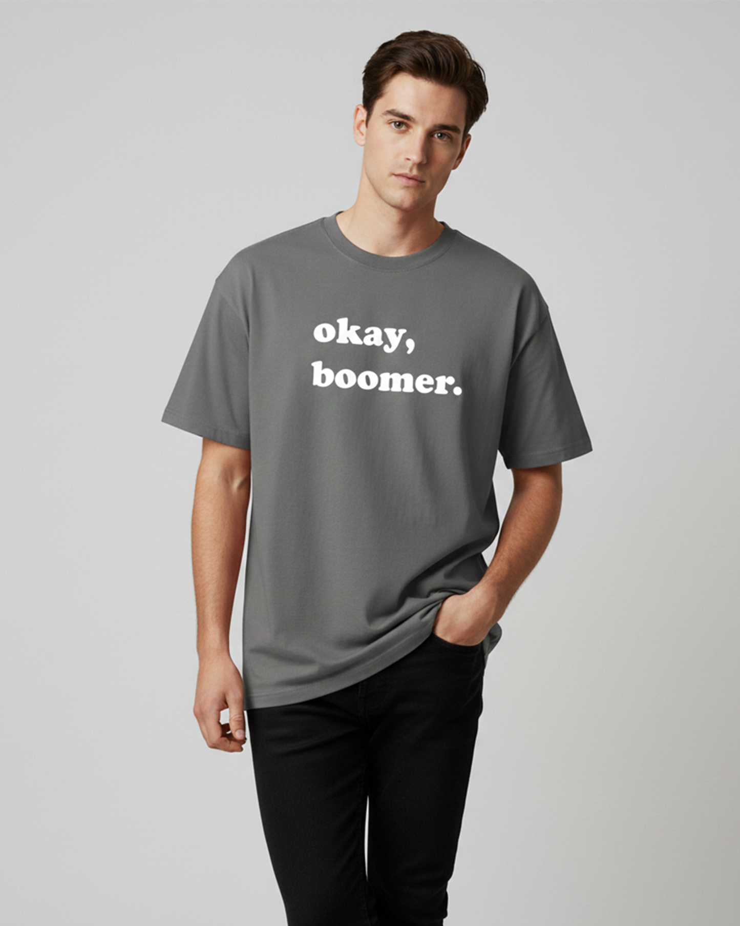 Okay Boomer Grey Oversized T-Shirt for Men | Funny Oversized T-Shirt