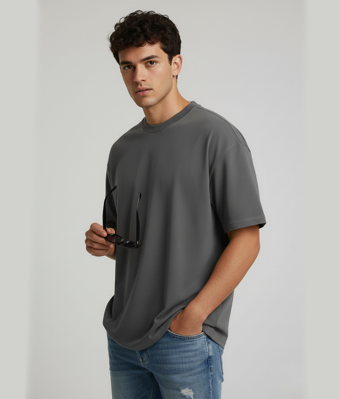 Steel Grey Oversized T-Shirt for Men | Heavyweight Solid Cotton | Drop-Shoulder Streetwear Fit