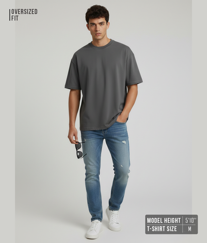 Steel Grey Oversized T-Shirt for Men | Heavyweight Solid Cotton | Drop-Shoulder Streetwear Fit