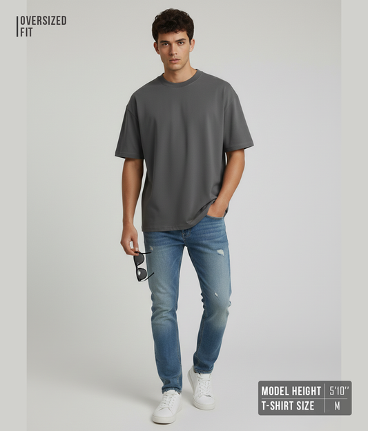 Steel Grey Oversized T-Shirt for Men | Heavyweight Solid Cotton | Drop-Shoulder Streetwear Fit