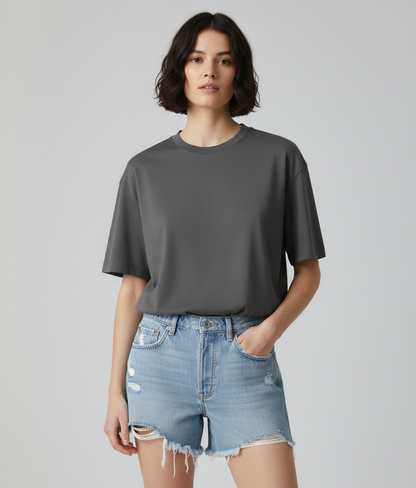 Steel Grey Oversized T-Shirt for Women | Heavyweight Solid Cotton | Relaxed Drop-Shoulder Boxy Fit