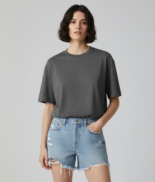 Steel Grey Oversized T-Shirt for Women | Heavyweight Solid Cotton | Relaxed Drop-Shoulder Boxy Fit