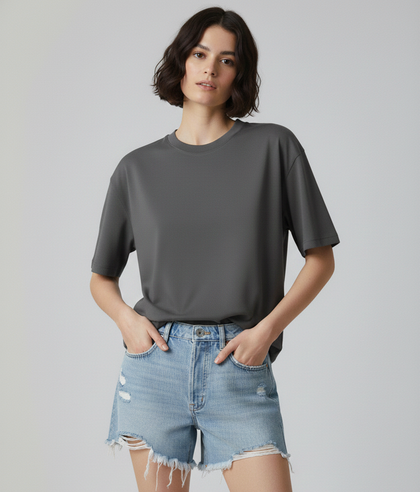 Steel Grey Oversized T-Shirt for Women | Heavyweight Solid Cotton | Relaxed Drop-Shoulder Boxy Fit