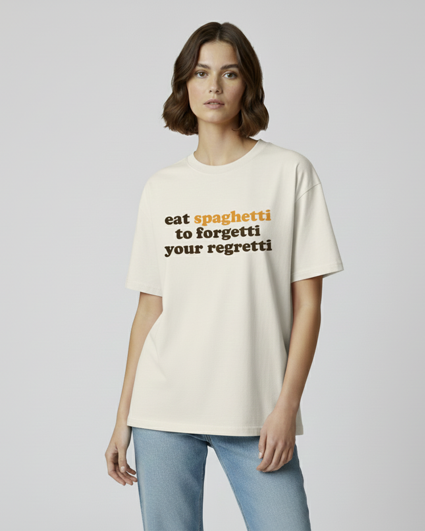 Eat Spaghetti to Forgetti Your Regretti White Oversized T-Shirt for Women | Funny Quote Tee