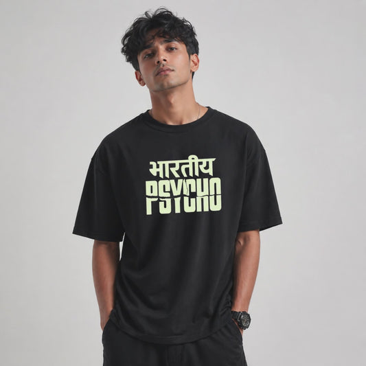 Bhartiya Psycho Oversized T Shirt for Men | Glow in Dark Graphic Printed Oversized T Shirt | Hindi Typography Boxy Fit Streetwear Tee